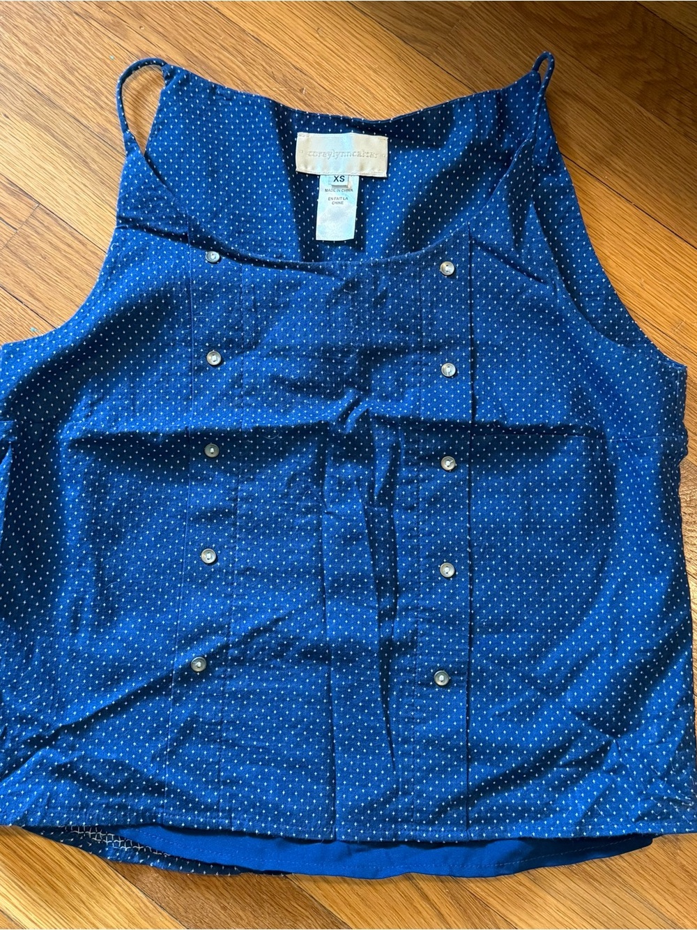 Corey Lynn Calter blue top with white dots